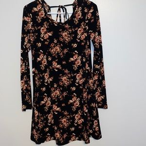 Black mini dress with long sleeves and roses